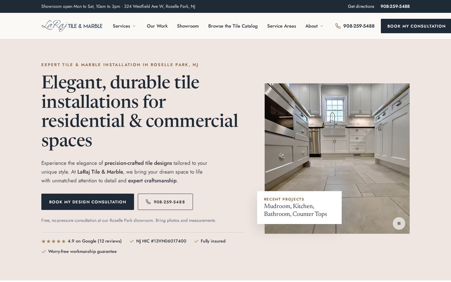 LaRaj Tile & Marble website homepage on desktop