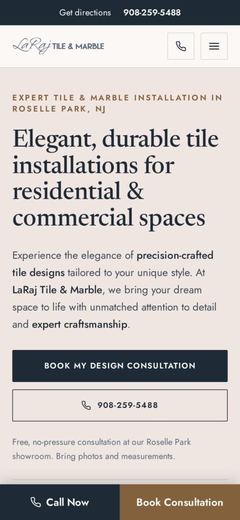 LaRaj Tile & Marble website homepage on mobile