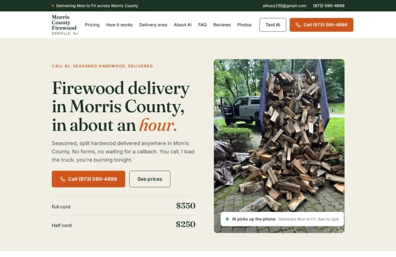 Morris County Firewood website homepage on desktop