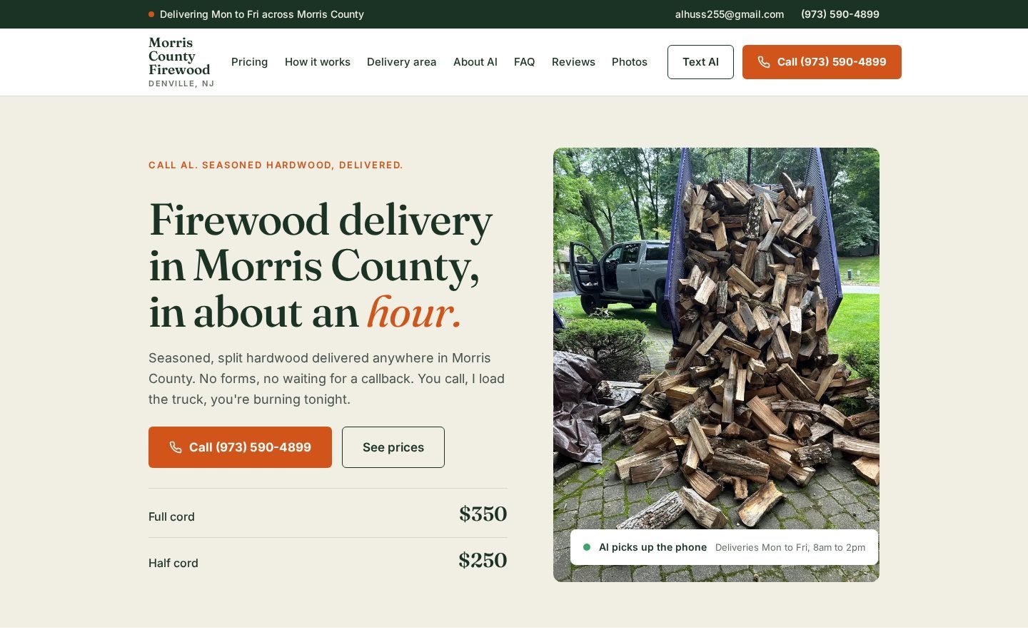 Morris County Firewood website homepage on desktop