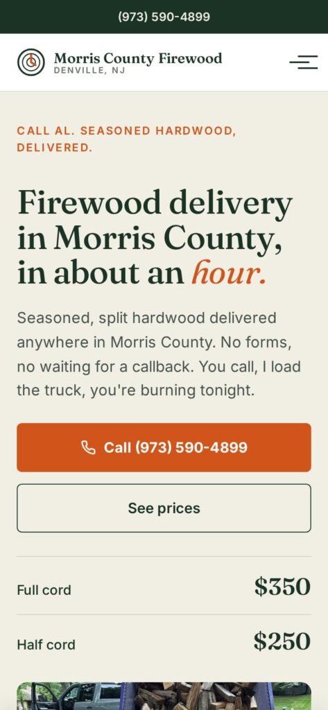 Morris County Firewood website homepage on mobile